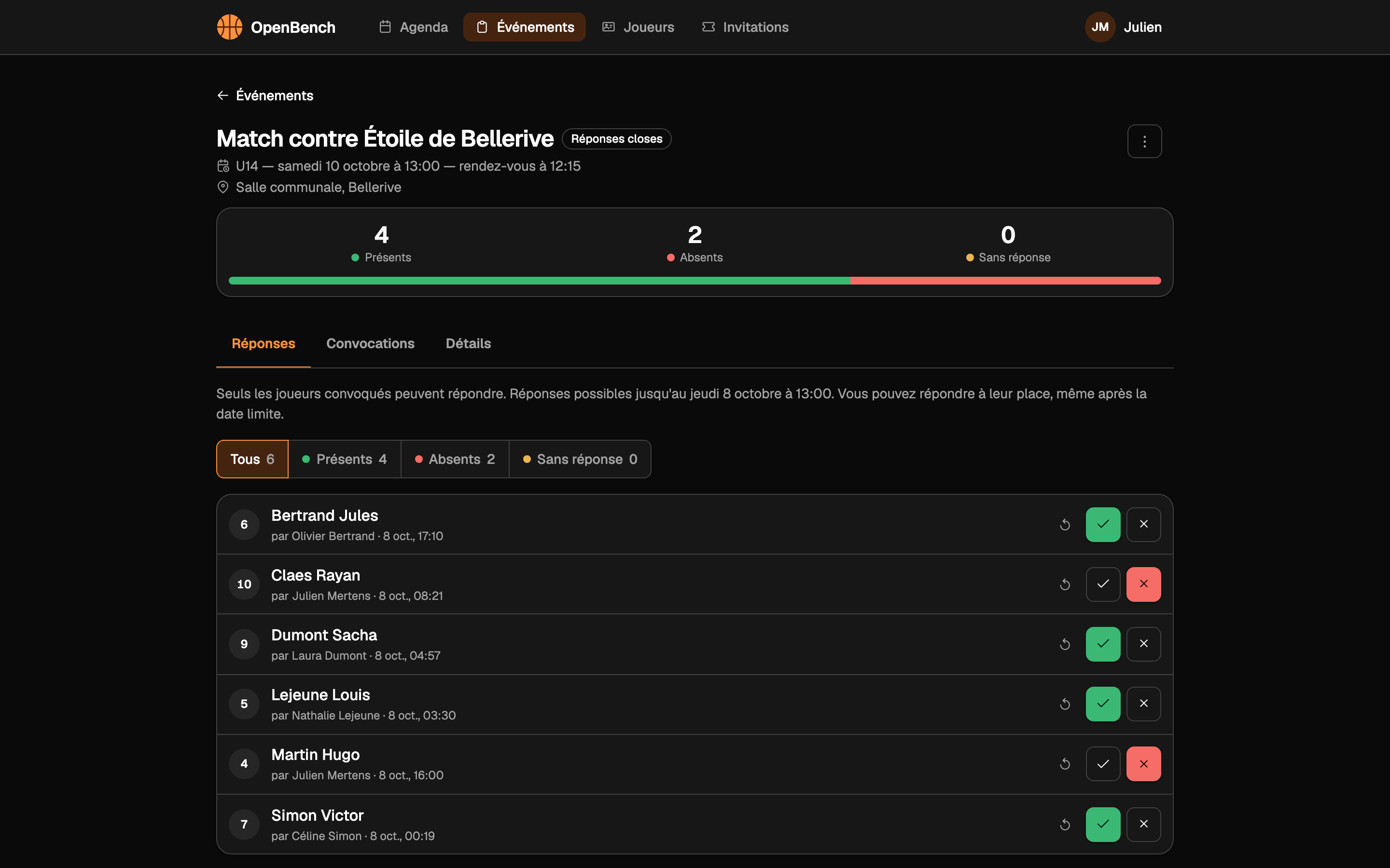 Réponses d'un match, vue coach sur ordinateur.