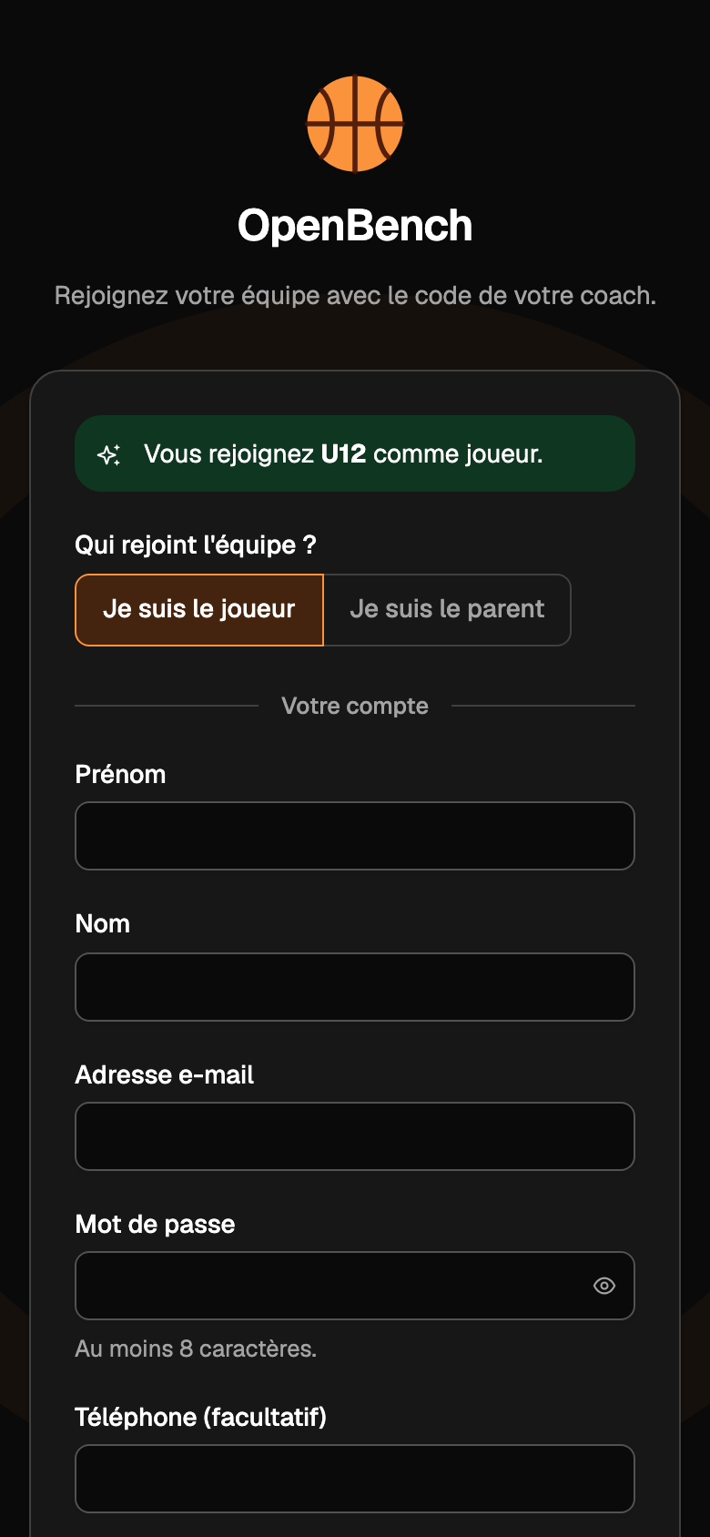 Page d'inscription ouverte depuis un lien d'invitation : Vous rejoignez U12 comme joueur.