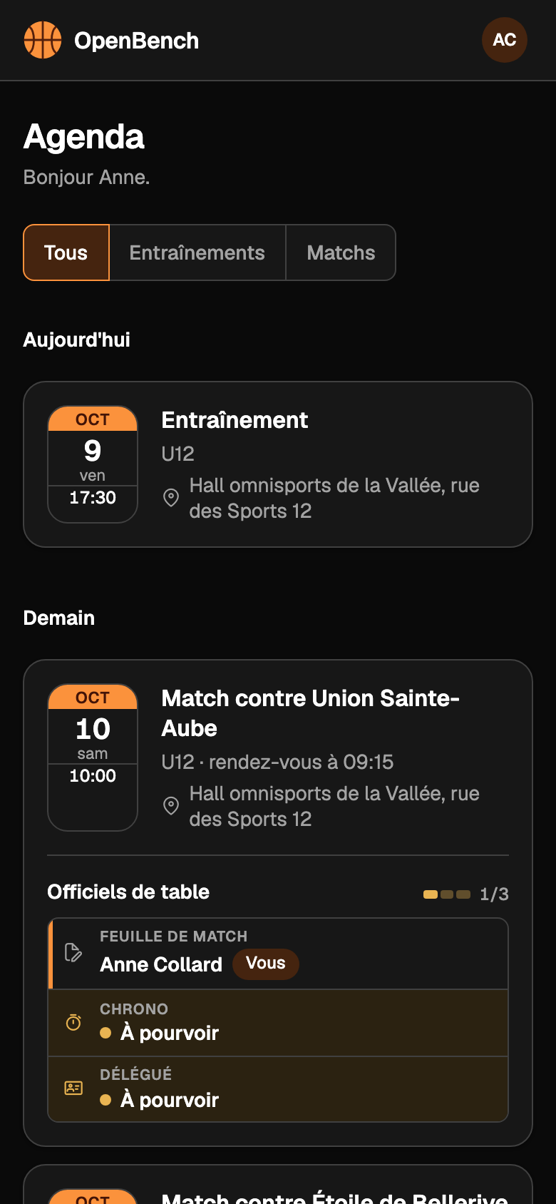 Agenda d'une bénévole : match à domicile avec les officiels de table, un poste pris et deux à pourvoir.